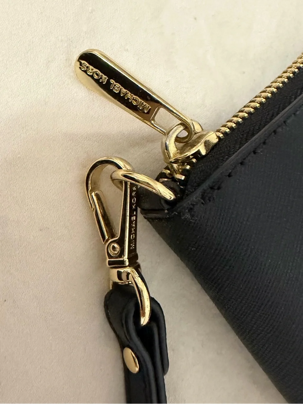 Michael Kors Black Saffiano Zip Wristlet with Gold Logo